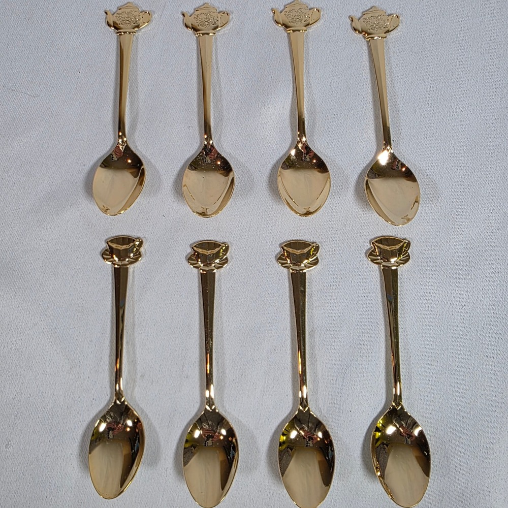 Vintage HIC Japan Gold-tone Stainless Teapot Teacup Demitasse Spoons Set of 8